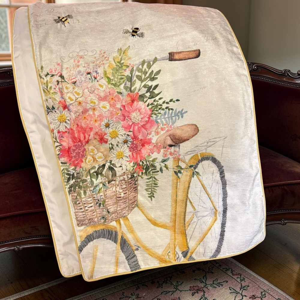 Table Runner Nicole Miller Home Cream Floral Bicycle Embroidered Bee Postcard 70